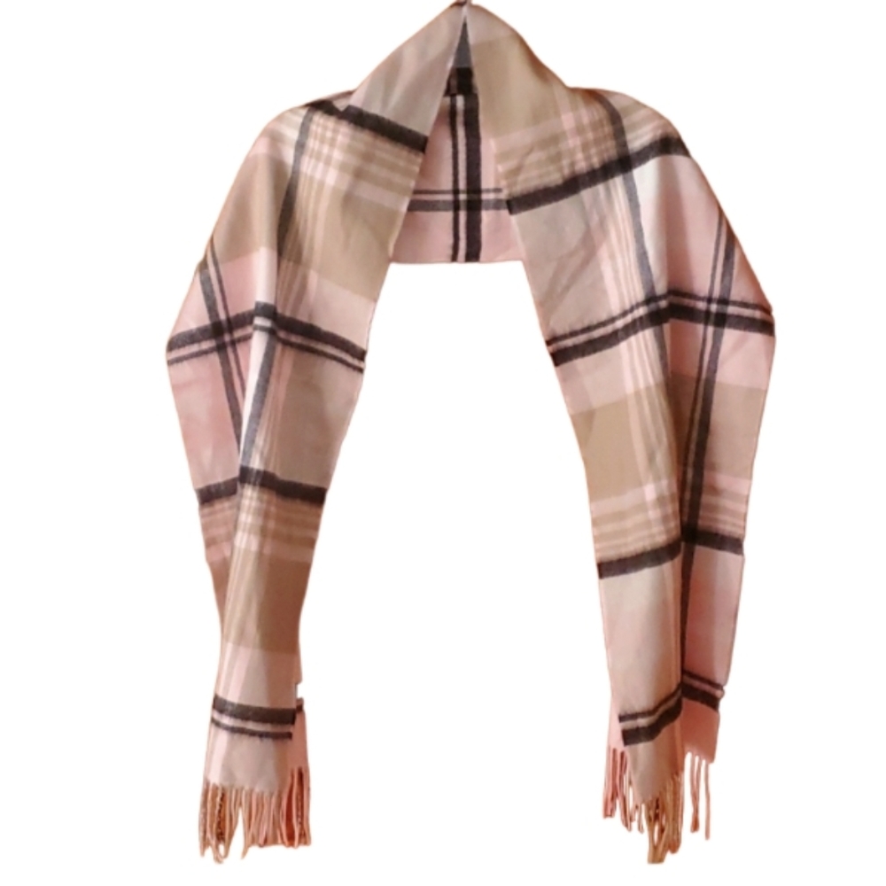 100% Cashmere Made‎ in England Pink and Grey Plaid Scarf